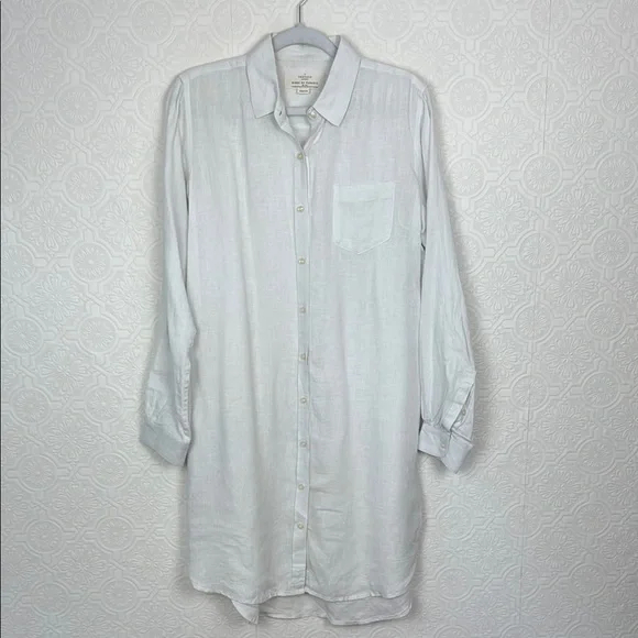 Trovata Birds of Paradis 100% Linen Tunic Dress Button Up Pockets White Shirt - Picture 1 of 11